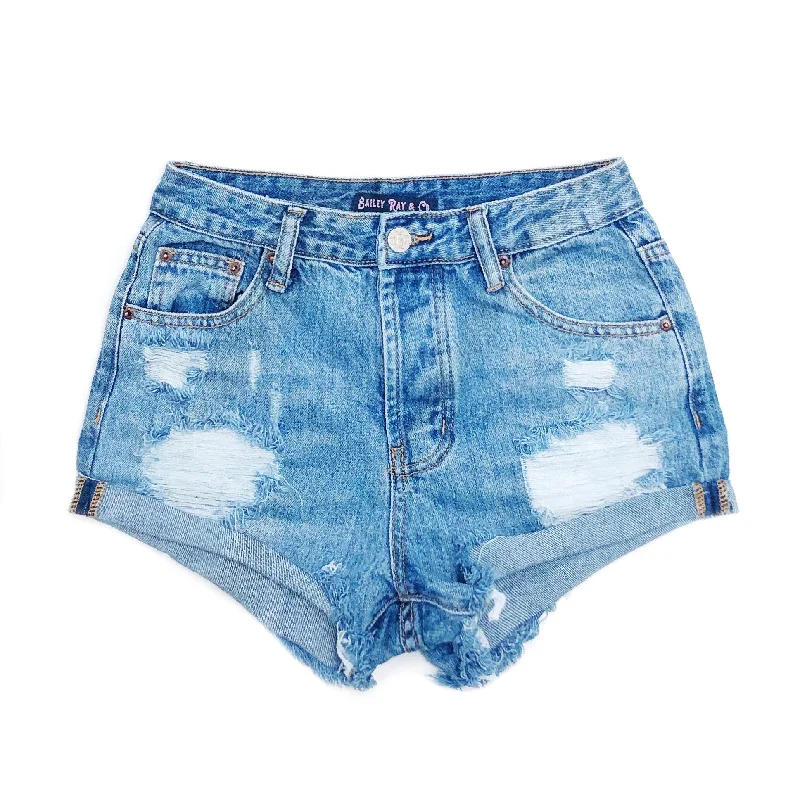 Distressed High Waisted Denim Shorts  - Outer Rolled - The Nova