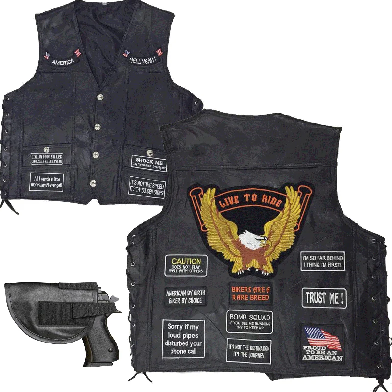 Mens Black Buffalo Leather CONCEALED CARRY VEST Gun Holster CCW Motorcycle Biker