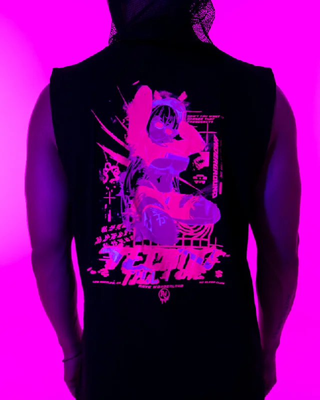 Ms. Techno Baddie Anime UV Neon Pink Fishnet Sleeveless Hoodie