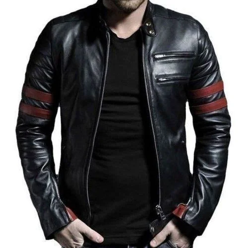 Genuine Leather Mayhem Black Leather Jacket With Red Stripes