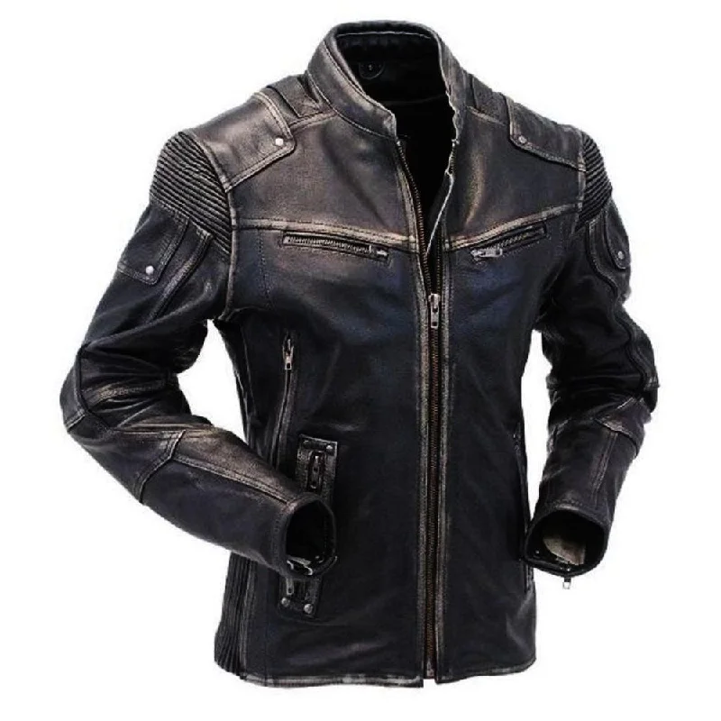 Genuine Cow Leather Distressed Black Racer Jacket