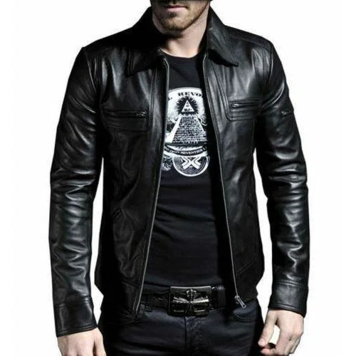 Genuine Black Leather Jacket With Long Collar