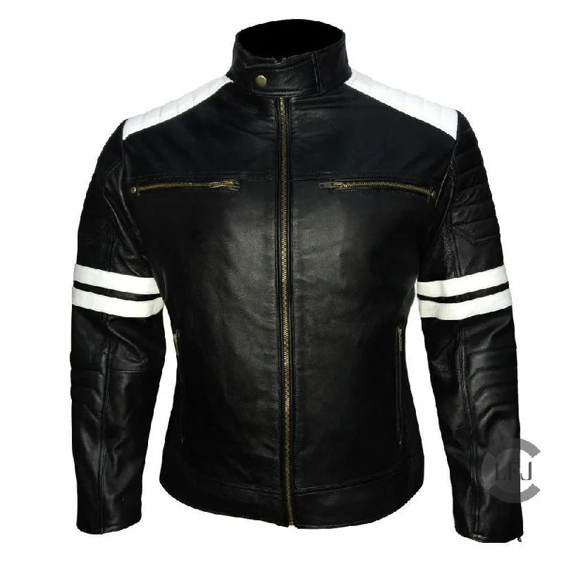 Genuine Leather Mayhem Black Leather Jacket With White Stripes