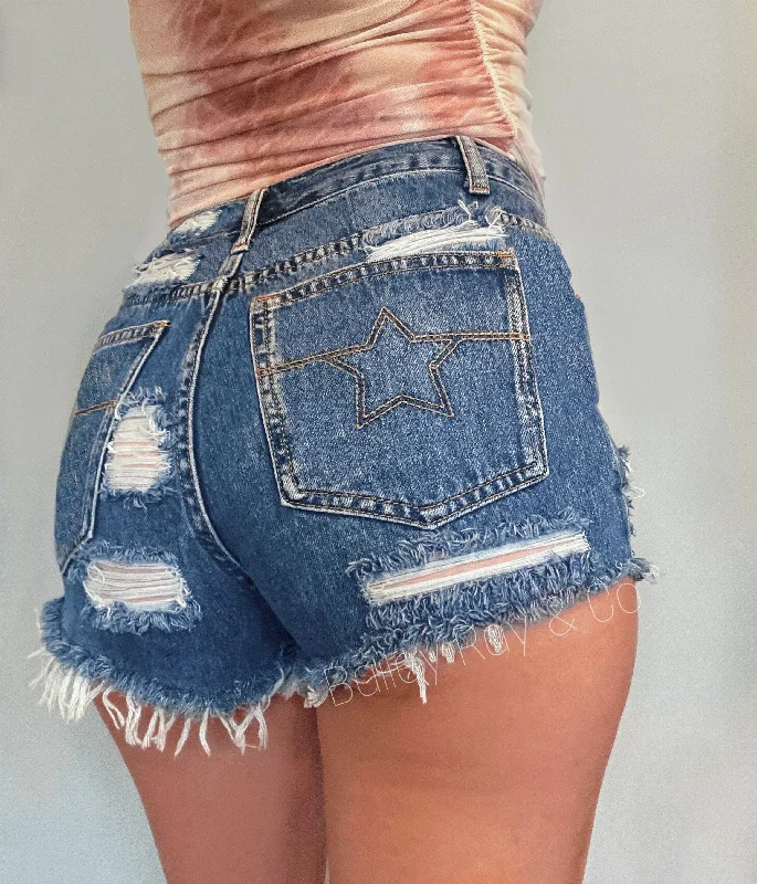 Back Distressed High Waisted Denim Shorts  - The Lucy