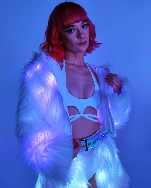 Lavender LED White Furry Cropped Hooded Jacket