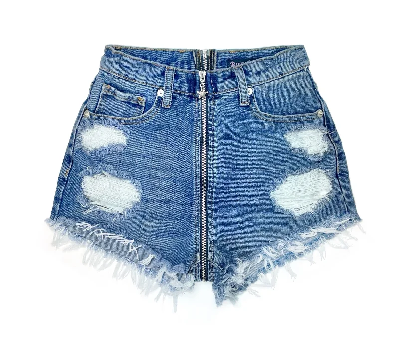 Distressed High Waisted Denim Shorts - Full Back Zipper - The Claudie