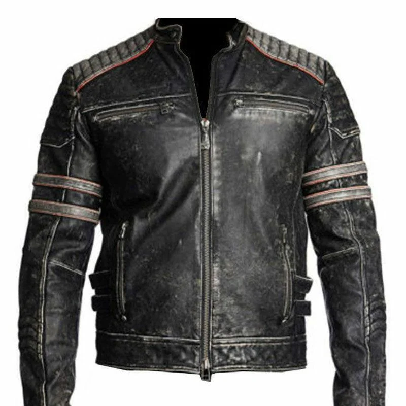 Genuine Leather Mayhem Dark Grey Leather Jacket With Grey Stripes