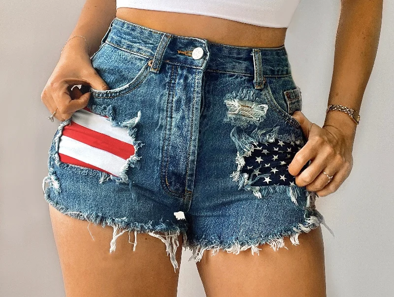 Patriotic Distressed High Waisted Denim Shorts  - American Flag - The Betsy