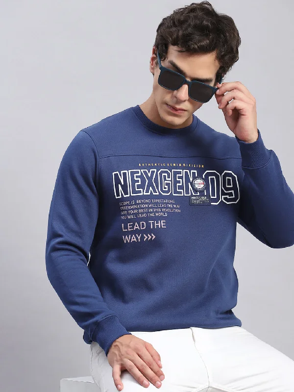 Men Blue Printed Round Neck Full Sleeve Sweatshirts