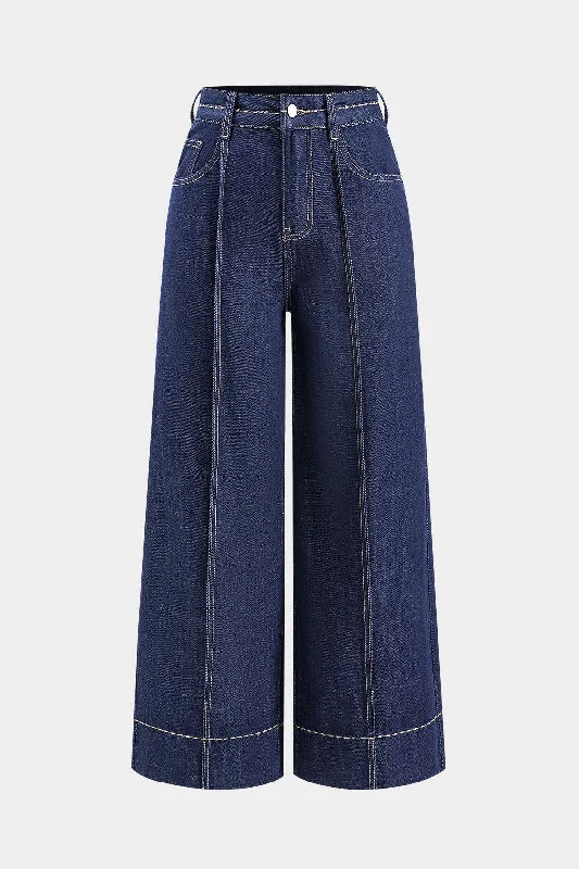 Denim Contrast Stitching Button Pocket Wide Leg Jeans