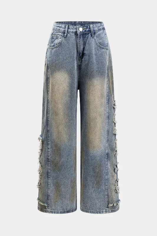 Denim Cut Out Button Pocket Wide Leg Jeans