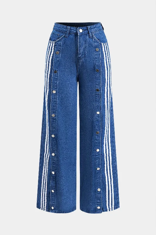 Denim Stripe Button Pocket Wide Leg Jeans