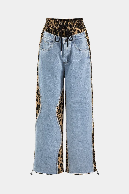 Leopard Print Denim Patchwork Tie Front Pocket Wide Leg Jeans