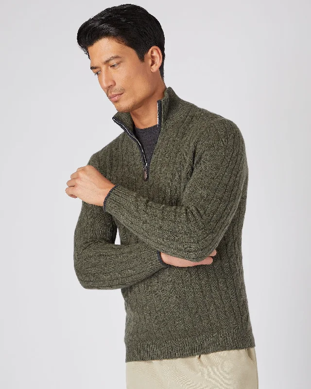 Men's Cable Half Zip Cashmere Sweater Moss Green