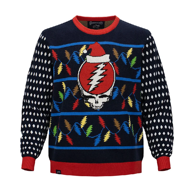 Grateful Dead | Crewneck Holiday Fleece Sweater | Colored Bolt and Party Stealie in Navy