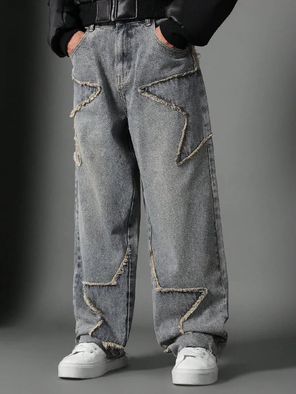 Loose Fit Raw Edge Star Applique Jean