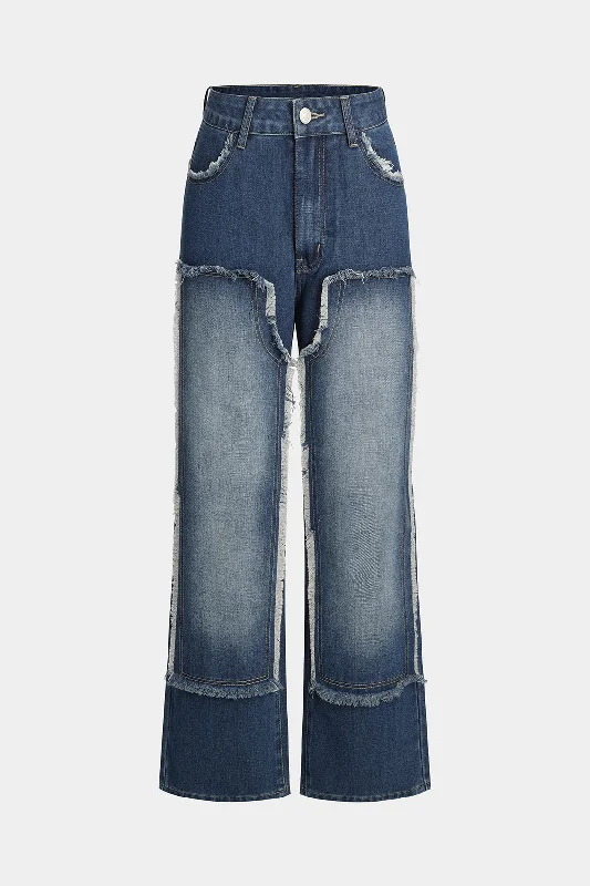 Denim Button Pocket Washed Wide Leg Jeans