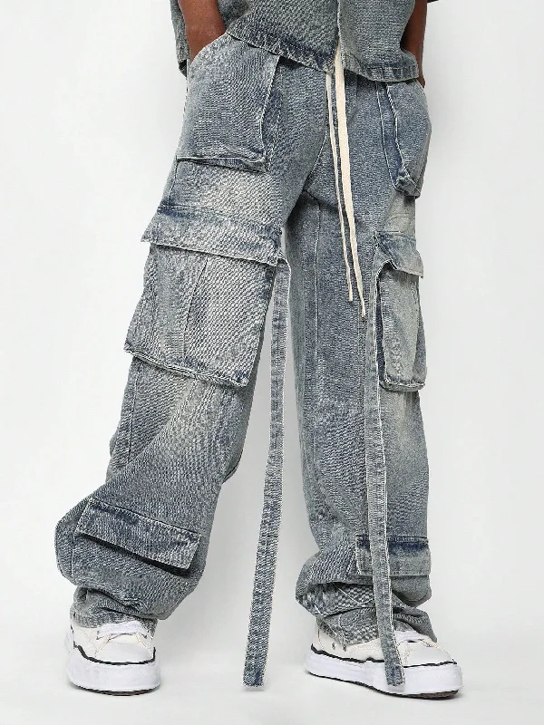 Washed Faded Baggy Fit Pull On Multi Pocket Cargo Jean