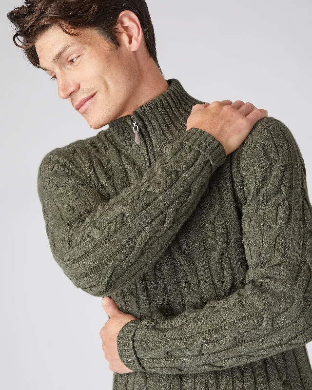 Men's Textured Cable Half Zip Cashmere Sweater Moss Green