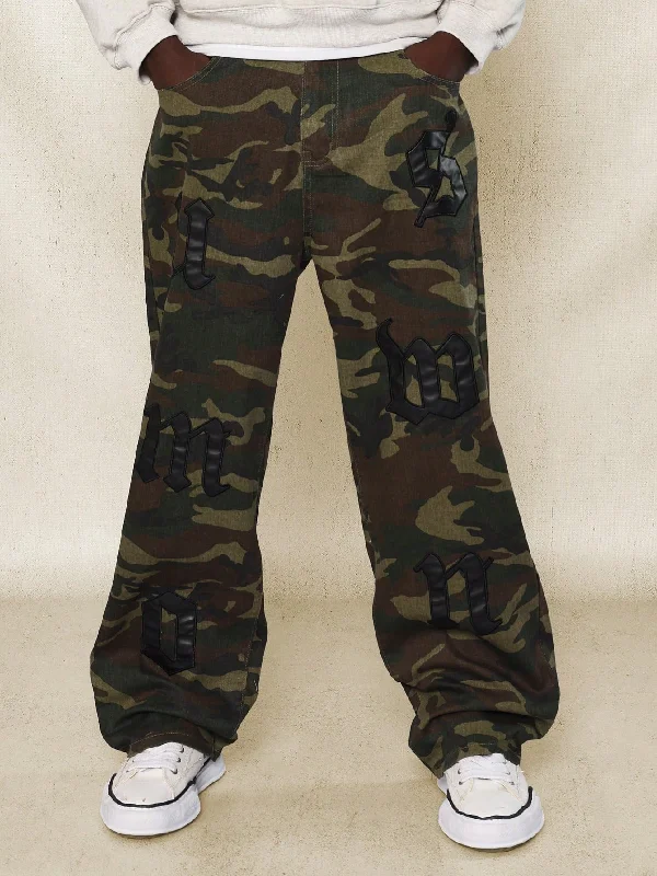 Loose Fit Camo Printed Jean With PU Badges