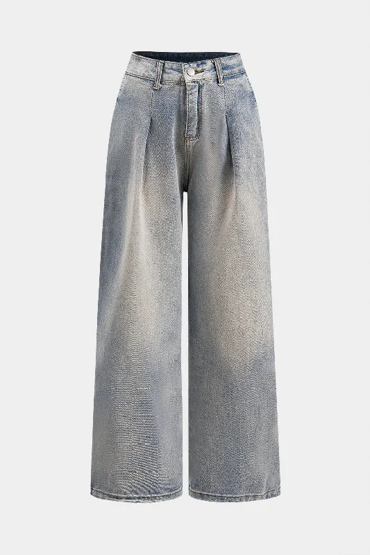 Faded Denim Pleated Button Pocket Wide Leg Jeans