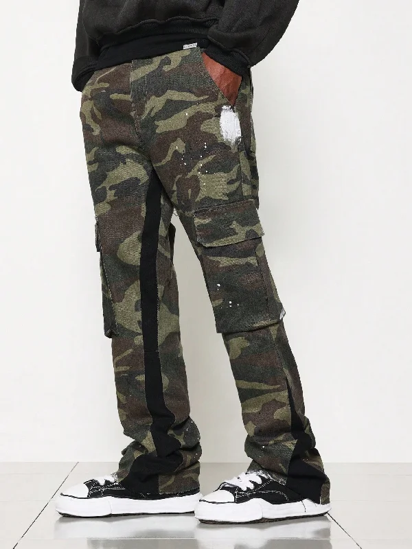 Flare Fit Camouflage Raw Edge Jean With Contrast Colour Panels & Splatter Paint