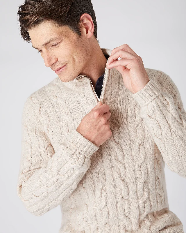 Men's Textured Cable Half Zip Cashmere Sweater Heather Beige Brown