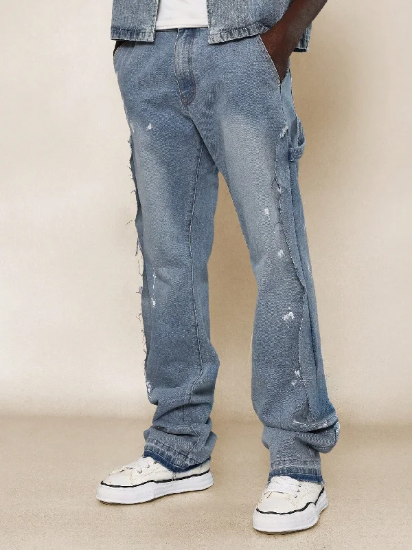 Flare Fit Denim Jean With Side Raw Edge Ripped Detail & Splatter Paint