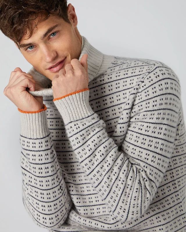 Men's Pattern Stitch Turtle Neck Cashmere Sweater Snow Grey