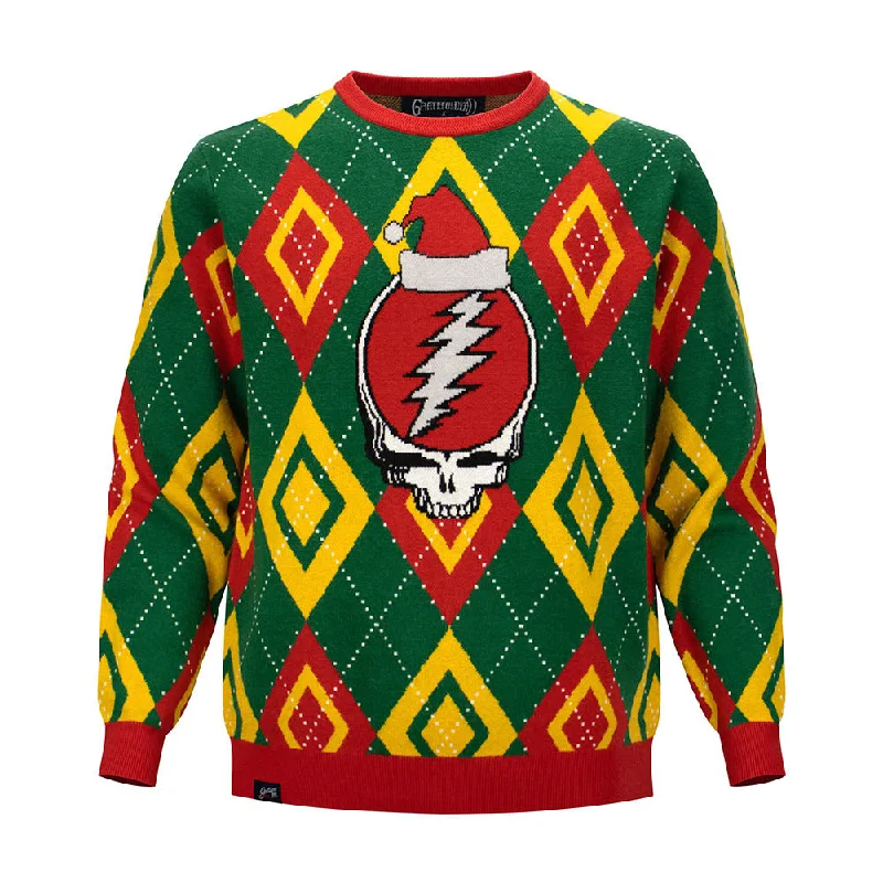 Grateful Dead | Crewneck Holiday Fleece Sweater| Stealie in Red Diamond Pattern