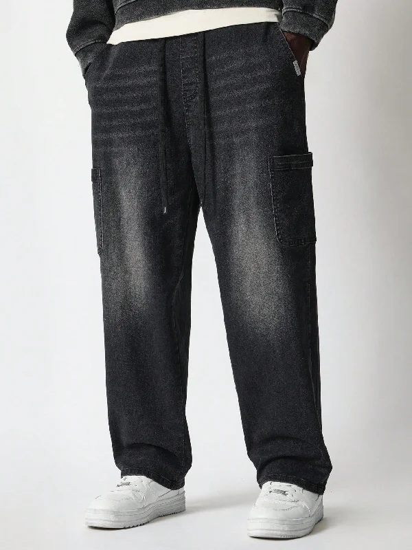 Straight Fit Pull On Mid Washed Cargo Jean