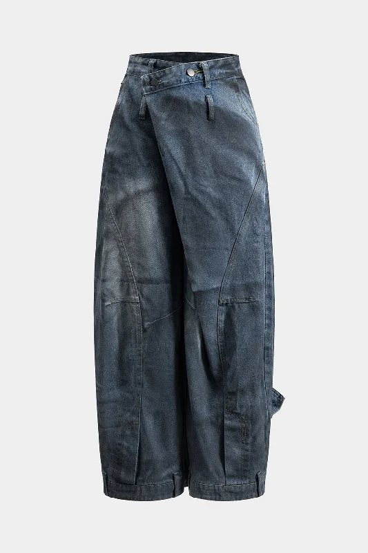 Denim Ruched Button Pocket Wide Leg Jeans