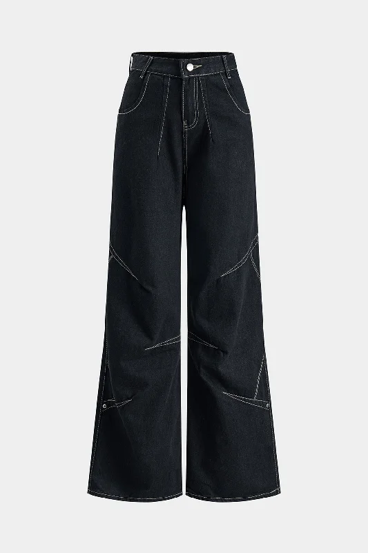 Contrast Stitching Wide Leg Jeans