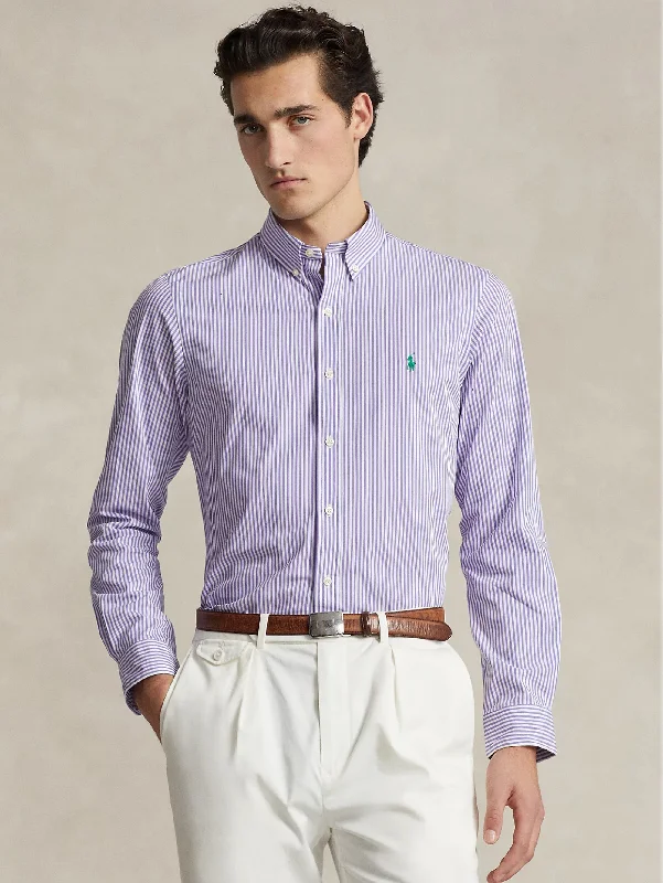 Camicia in Popeline Elasticizzato a Righe Lavanda/Bianco