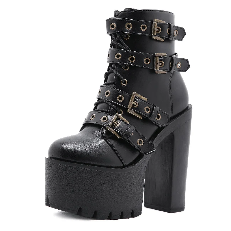 Women's Punk Buckles Chunky Heel Boots