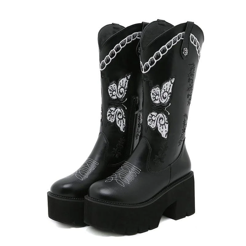 Women's Punk Butterfly Embroidered Platform Buskin Boots