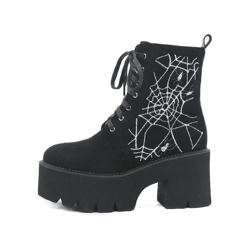 Women's Punk Spider Web Embroidered Platform Boots